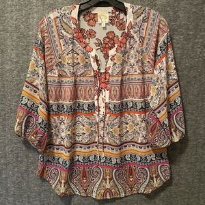 Fig & Flower Anthropologie Top Womens Small Floral Sheer Boho Peasant Blouse‎